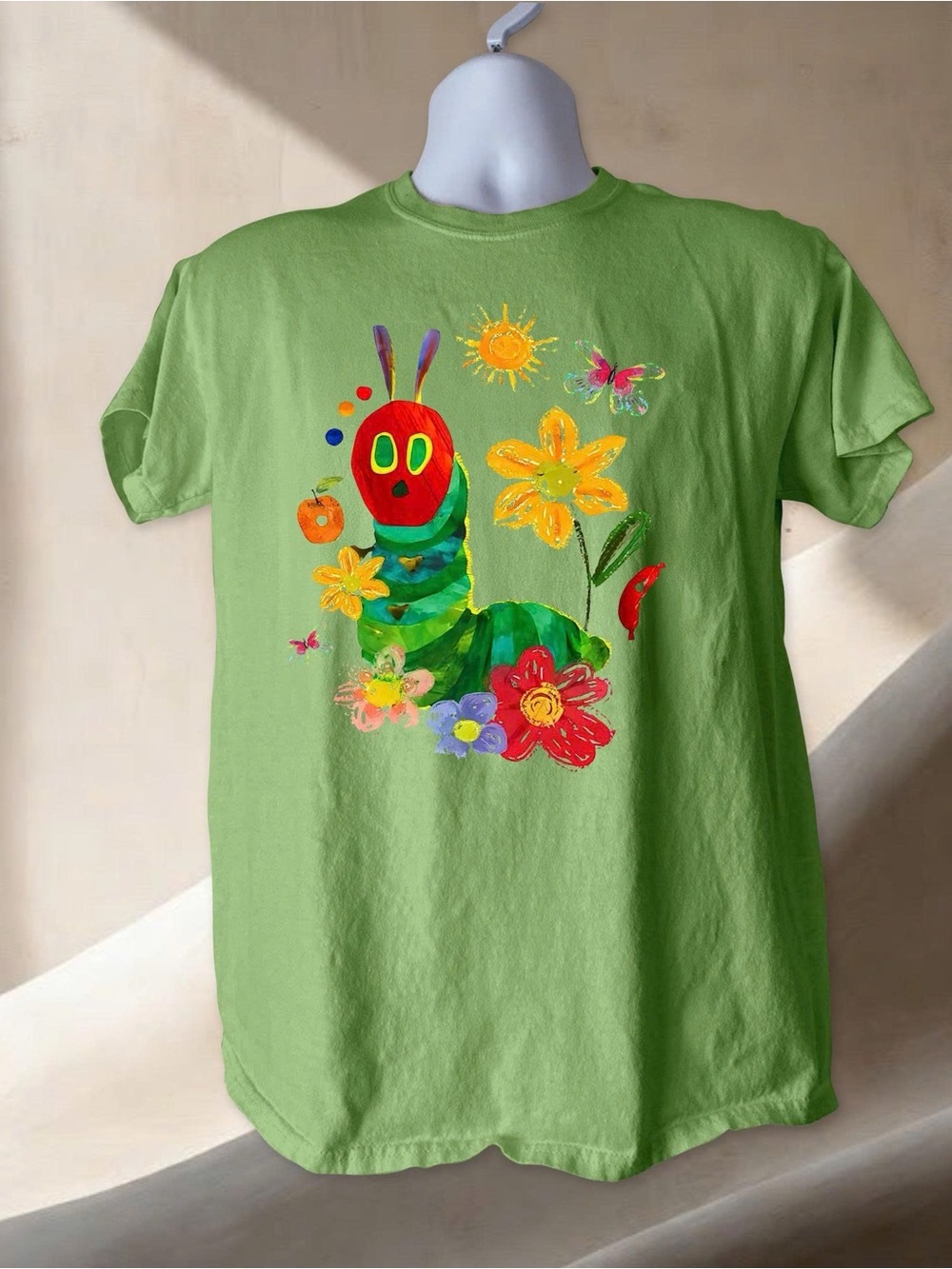 Gildan Light Green Short Sleeve Tee with Colorful Caterpillar & Floral Print
